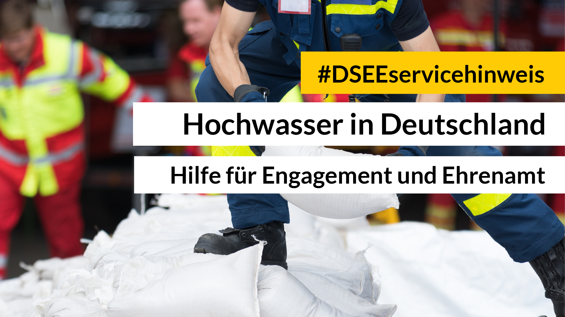 Feuerwehrmann reicht Sandsack weiter. Aufschrift: #DSEEservicehinweis Hochwasserkatastrophe. Unterstützung vor Ort