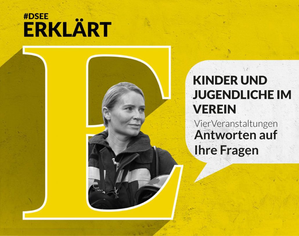 Frau in Uniform auf farbigem Hintergrund. Aufschrift DSEEerklärt: Kinder und Jugendliche im Verein. Antworten auf Ihre Fragen.