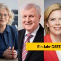 Drei Porträtfotos von Ministerin Lambrecht, Minister Seehofer, Ministerin Klöckner mit dem Text "Ein Jahr DSEE"