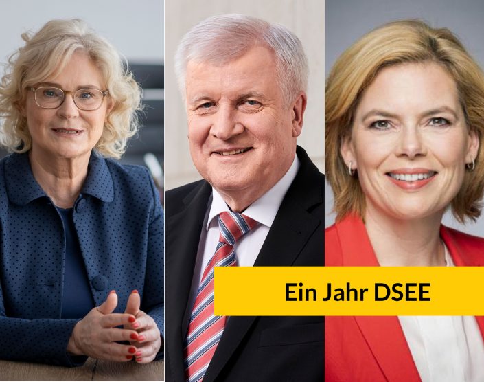 1 Jahr DSEE Drei Porträtfotos von Ministerin Lambrecht, Minister Seehofer, Ministerin Klöckner mit dem Text "Ein Jahr DSEE"
