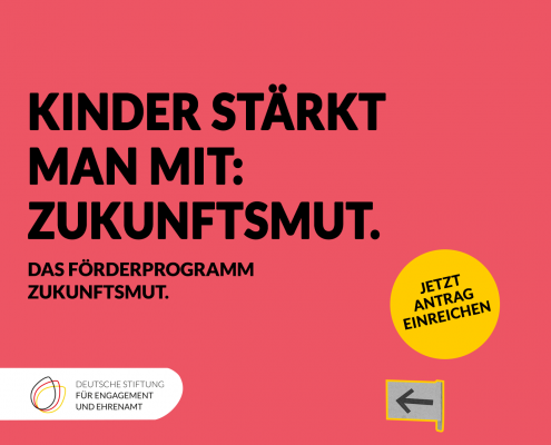 Grafik des Förderprogramms Zukunftsmut: Kinder stärkt am mit Zukunftsmut. Jetzt Antrag einreichen