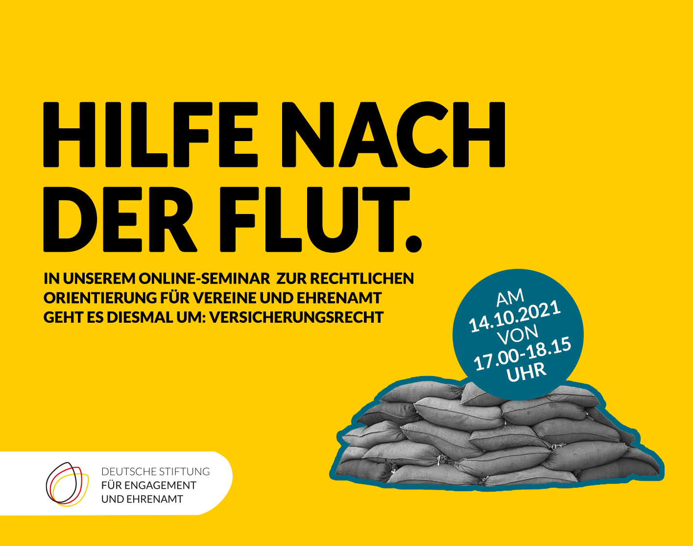 Grafik mit Sandsäcken, Text: Hilfe nach der Flut, Online-Seminar am 14.10. um 17 Uhr