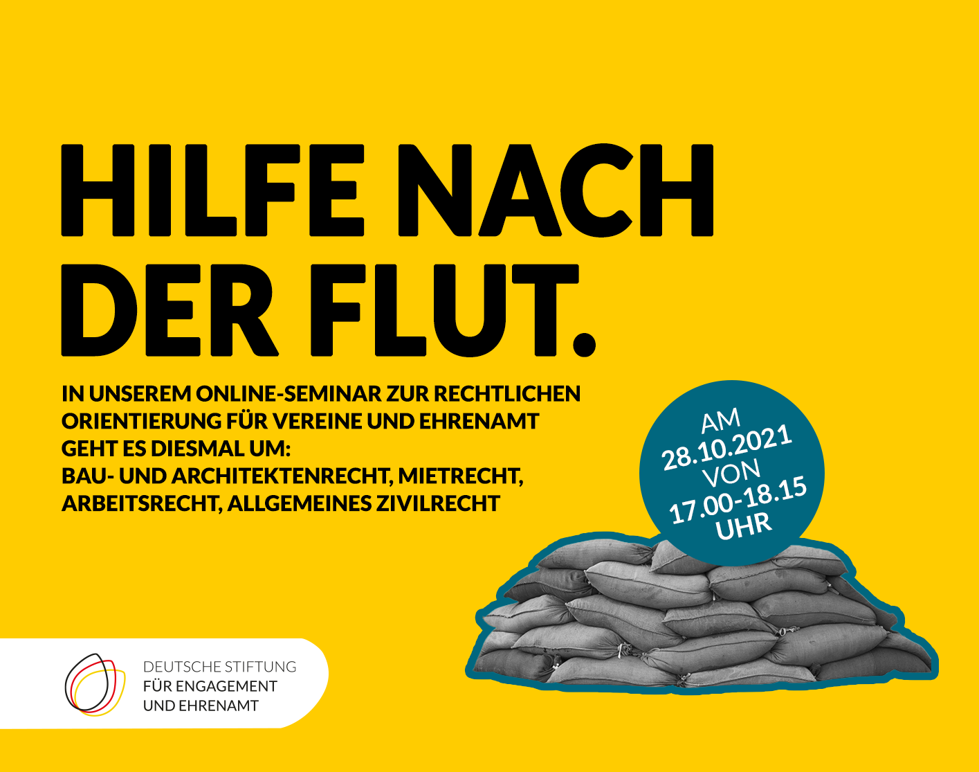 Grafik mit Sandsäcken zum Online-Seminar Rechtsberatung in der Fluthilfe am 28.10.21 um 17 Uhr