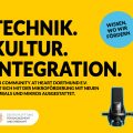 Grafik mit einem Mikrofon. Text: Technik. Kultur. Integration. Der Community at Heart Dortmund e. V. hat sich mit der Mikroförderung mit neuen Gimbals und Mikros ausgestattet. Wissen, wo wir fördern.