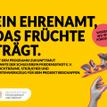 Grafik mit einer Hand, die nach einem Apfel greift. Text: Ein Ehrenamt, das Früchte trägt. Mit dem Programm Zukunftsmut konnte der Schulverein Friedensstadt e. V. Fruchtbäume, Sträucher und Gartenwerkzeug für sein Projekt beschaffen.