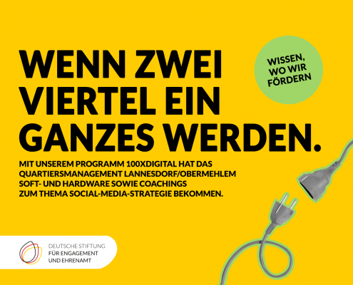 Grafik mit einem Kabelstecker und -buchse. Text: Wenn zwei Viertel ein Ganzes werden. Mit unserem Programm 100xDigital hat das Quartiersmanagement Lannesdorf-Obermehlem Soft- und Hardware sowie Coachings zum Thema Social-Media-Strategie bekommen. Wissen, wo wir fördern.