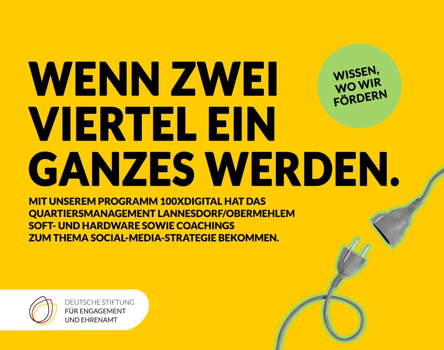 Grafik mit einem Kabelstecker und -buchse. Text: Wenn zwei Viertel ein Ganzes werden. Mit unserem Programm 100xDigital hat das Quartiersmanagement Lannesdorf-Obermehlem Soft- und Hardware sowie Coachings zum Thema Social-Media-Strategie bekommen. Wissen, wo wir fördern.