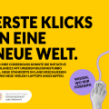 Grafik mit einer Hand auf einer Computermaus mit Kabel. Text: Erste Klicks in eine neue Welt. Für ihre Coderdojos konnte die Initiative Neuland21 mit unserem Bildungsturbo u.a. neue Standorte im Land erschließen sowie neue Verleih-Laptops anschaffen. Wissen, wo wir fördern.