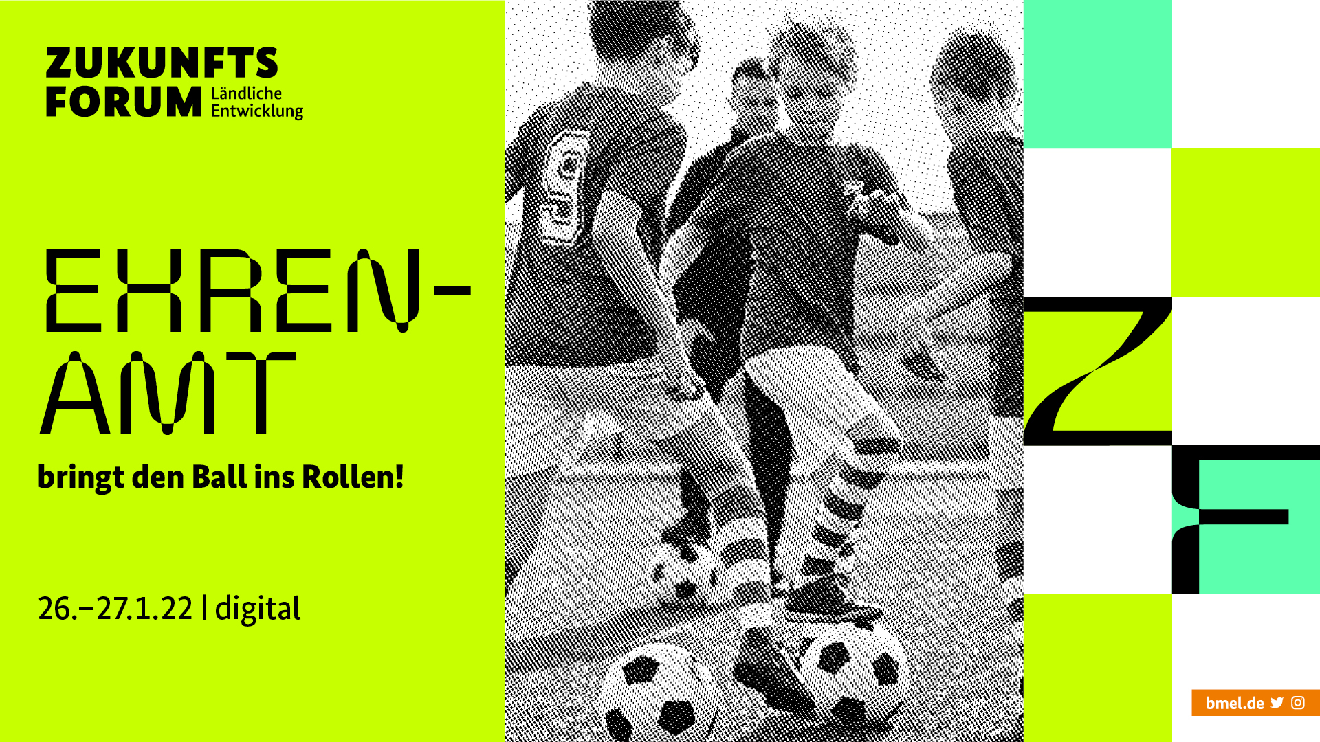 Grafik mit Fußball spielenden Kindern. Text: Ehrenamt bringt den Ball ins Rollen! 26.-27.1.22 | digital