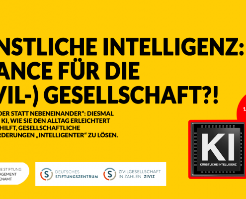 Grafik mit dem Text: Künstliche Intelligenz: Chance für die Zivilgesellschaft. "Miteinander statt nebeneinander": Diesmal geht es um KI, wie sie den Alltag erleichtert und ob sie hilft, gesellschaftliche Herausforderungen "intelligenter" zu lösen. Am 19. April 2022 ab 16 Uhr. Jetzt anmelden.