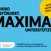 Grafik mit dem Text: Mikro gefördert. Maximal unterstützt. Die DSEE macht euren Engagierten mit kleinen Beträgen das Leben leichter. Jetzt Antrag stellen.