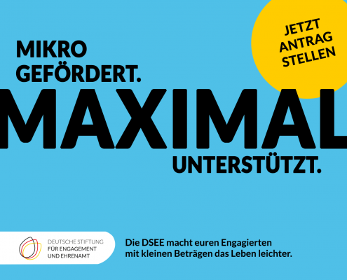 Grafik mit dem Text: Mikro gefördert. Maximal unterstützt. Die DSEE macht euren Engagierten mit kleinen Beträgen das Leben leichter. Jetzt Antrag stellen.