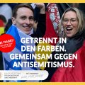 Grafik mit zwei feiernden Fußballfans mit Israel- und Deutschlandflaggen. Text: Getrennt in den Farben. Gemeinsam gegen Antisemitismus. Sei jetzt dabei! Geh jetzt auf d-s-e-e.de. Logos der DSEE und der Stiftung "Die Mannschaft"