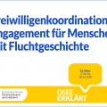 Grafik mit dem Logo der DSEE und einer Sprechblase Text: DSEE erklärt Freiwilligenkoordination – Engagement für Mensch mit Fluchtgeschichte 31. März 17:00 bis 18:15 UHR