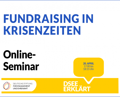 Grafik mit dem Text: Fundraising in Krisenzeiten. Online-Seminar am 20. April 2022 von 17:00 bis 18:15 Uhr.