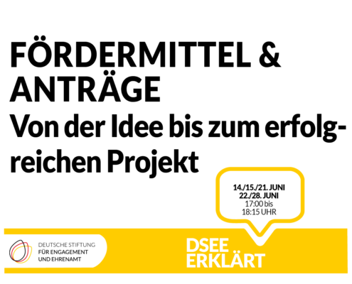 Grafik mit dem Logo der DSEE und einer Sprechblase Text: DSEE erklärt Fördermittel & Anträge – Von der Idee bis zum erfolgreichen Projekt, 14., 15., 21., 22., 28. Juni, 17:00 bis 18:15 UHR