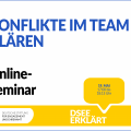 Grafik mit dem Logo der DSEE und einer Sprechblase. Text: Konflikte im Team klären. Online-Seminar. DSEE erklärt. 19. Mai, 17:00 bis 18:15 Uhr