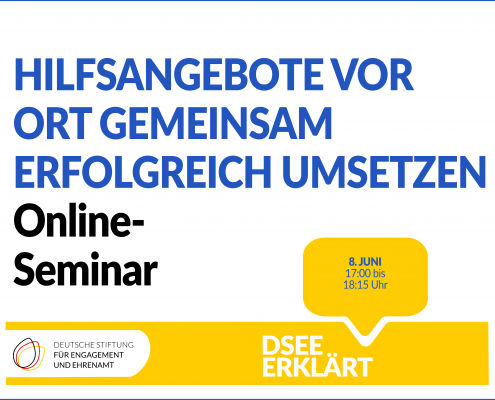 Grafik mit dem Logo der DSEE und einer Sprechblase. Text: Hilfsangebote vofr Ort gemeinsam erfolgreich umsetzen. Online-Seminar. 08. Juni, 17:00 bis 18:15 Uhr.