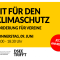 Grafik mit dem Text: Fit für den Klimaschutz: Förderung für Vereine. Donnerstag, 9. Juni, 17:00 – 18:30 Uhr. Jetzt anmelden.