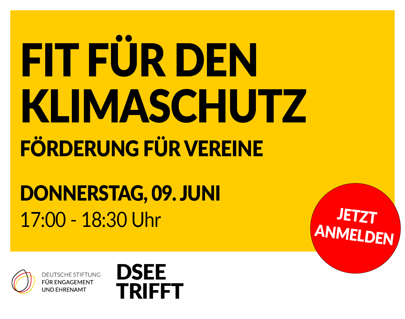 Grafik mit dem Text: Fit für den Klimaschutz: Förderung für Vereine. Donnerstag, 9. Juni, 17:00 – 18:30 Uhr. Jetzt anmelden.