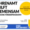 Grafik mit dem Text: Ehrenamt hilft gemeinsam. Ukraine-Förderprogramm. 13. Juli 2022. 17 bis 18:15 Uhr