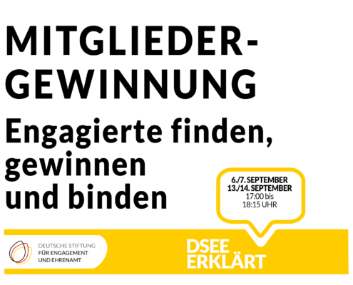 Grafik mit dem Text: Mitgliedergewinnung – Engagierte finden, gewinnen und binden. 6./7./13./14. September, 17:00 – 18:15 Uhr