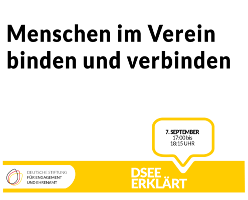 Grafik mit dem Text: Menschen im Verein binden und verbinden. 7. September, 17:00 - 18:15 Uhr