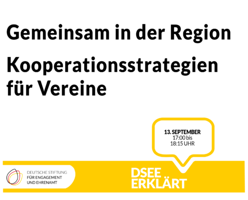 Grafik mit dem Text: Gemeinsam in der Region - Kooperationsstrategien für Vereine, 13. September, 17:00 - 18:15 Uhr