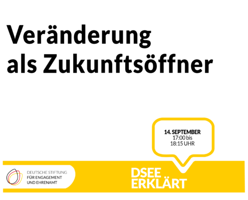 Grafik mit dem Text: Veränderung als "Zukunftsöffner". 14. September, 17:00 - 18:15 Uhr
