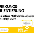 Grafik mit dem Text: Wirkungsorientierung: Ziele setzen, Maßnahmen umsetzen und Erfolge feiern. 20./21./28./29. September 2022, 17:00 - 18:15 Uhr