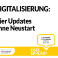 Grafik mit dem Text: Digitalisierung: Vier Updates ohne Neustart. 4./5./11./12. Oktober, 17:00 bis 18:15 Uhr