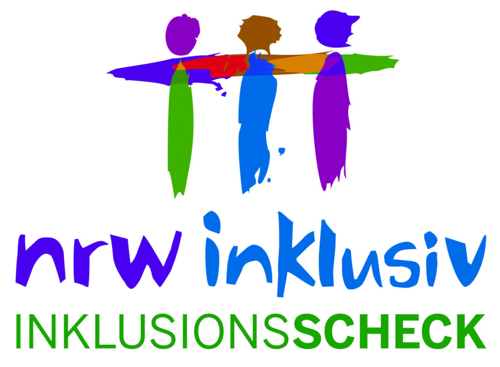 3 bunte Strichmenschen ganz oben, darunter in lila nrw und in blau inlusiv, darunter in grün Inklusionsscheck