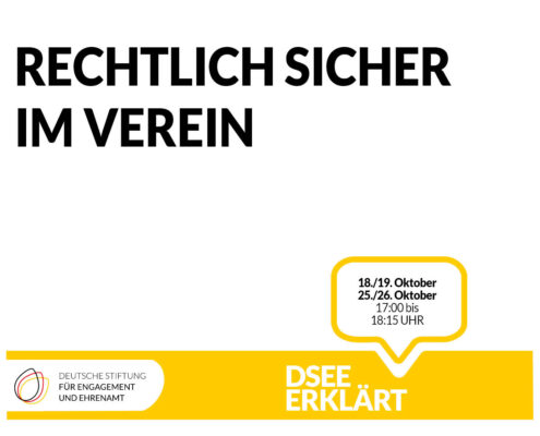 Grafik mit dem Logo der DSEE und einer Sprechblase. Text: Rechtlich sicher im Verein 18./19./25./26.10.2022, 17:00-18:15 Uhr
