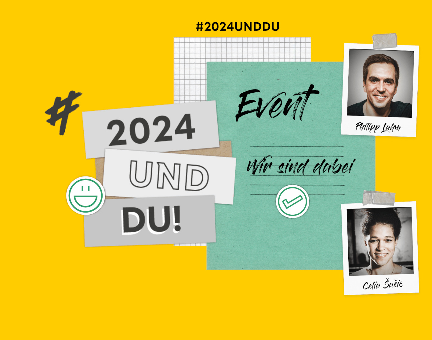 Grafik mit dem Fotos von Celia Šašić und Philipp Lahm, dem Logo des DFB und der DSEE. Text: #2024 und Du!Event! Wir sind dabei!