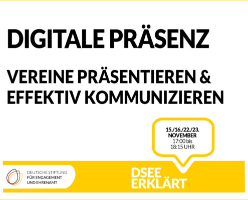 Grafik mit dem Text: Digitale Präsenz – Vereine präsentieren und effektiv kommunizieren. 15.,16.,22.,23. November, 17:00-18:15 Uhr
