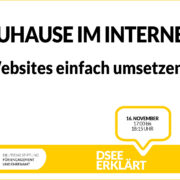 Grafik mit dem Text: Zu Hause im Internet – Websites einfach umsetzen. 16. November, 17:00-18:15 Uhr