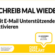 Grafik mit dem Text: Schreib mal wieder – Mit E-Mail Unterstützende aktivieren 23. November, 17:00-18:15 Uhr