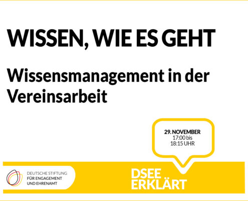 Grafik mit dem Text: Wissen, wie es geht. Wissensmanagement in der Vereinsarbeit. 29. November, 17:00-18:15 Uhr