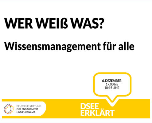 Grafik mit dem Text: Wer weiß was? Wissensmanagement für alle. 6. Dezember, 17:00-18:15 Uhr
