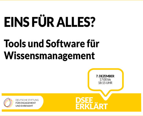 Grafik mit dem Text: Eins für alles? Tools und Software für Wissensmanagement. 7. Dezember, 17:00-18:15 Uhr