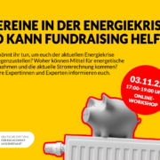 Verein in der Energiekrise – so kann Fundraising helfen. Was könnt ihr tun, um euch der aktuellen Energiekrise entgegenzustellen? Woher können Mittel für energetische Maßnahmen und die aktuelle Stromrechnung kommen? Unsere Expertinnen und Experten informieren euch. 3.11.22, 17:00-19:00 Uhr Online-Workshop