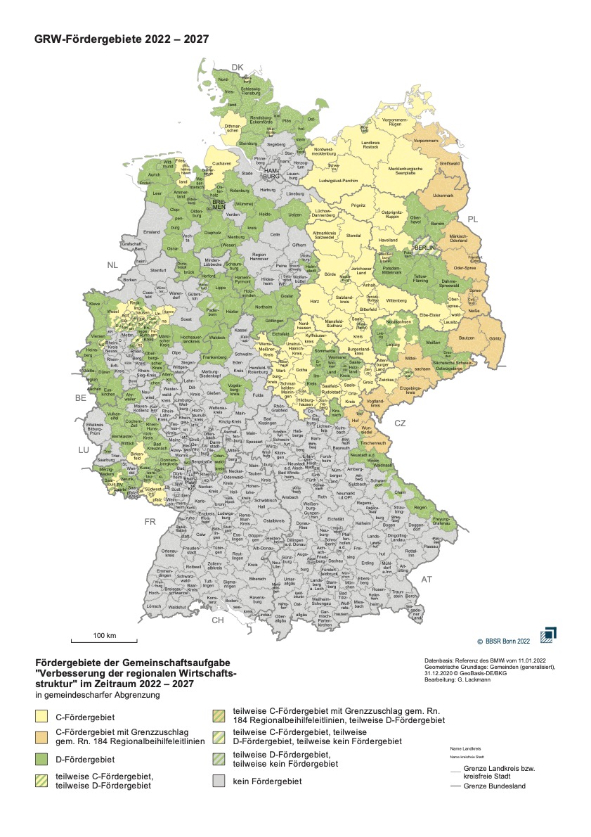 Deutschlandkarte mit Markierung der Fördergebiete der Gemeinschaftsaufgabe "Verbesserung der regionalen Wirtschaftsstruktur" im Zeitraum 2022-2027