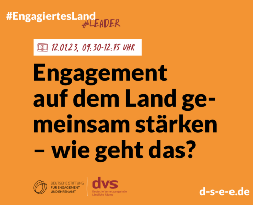 Grafik mit den Logos der DSEE und der Deutschen Vernetzungsstelle Ländliche Räume und dem Text: #Engagiertes Land #LEADER: Engagement auf dem Land gemeinsam stärken – wie geht das? Donnerstag, 12.01.2023, 09:30-12:15 Uhr.