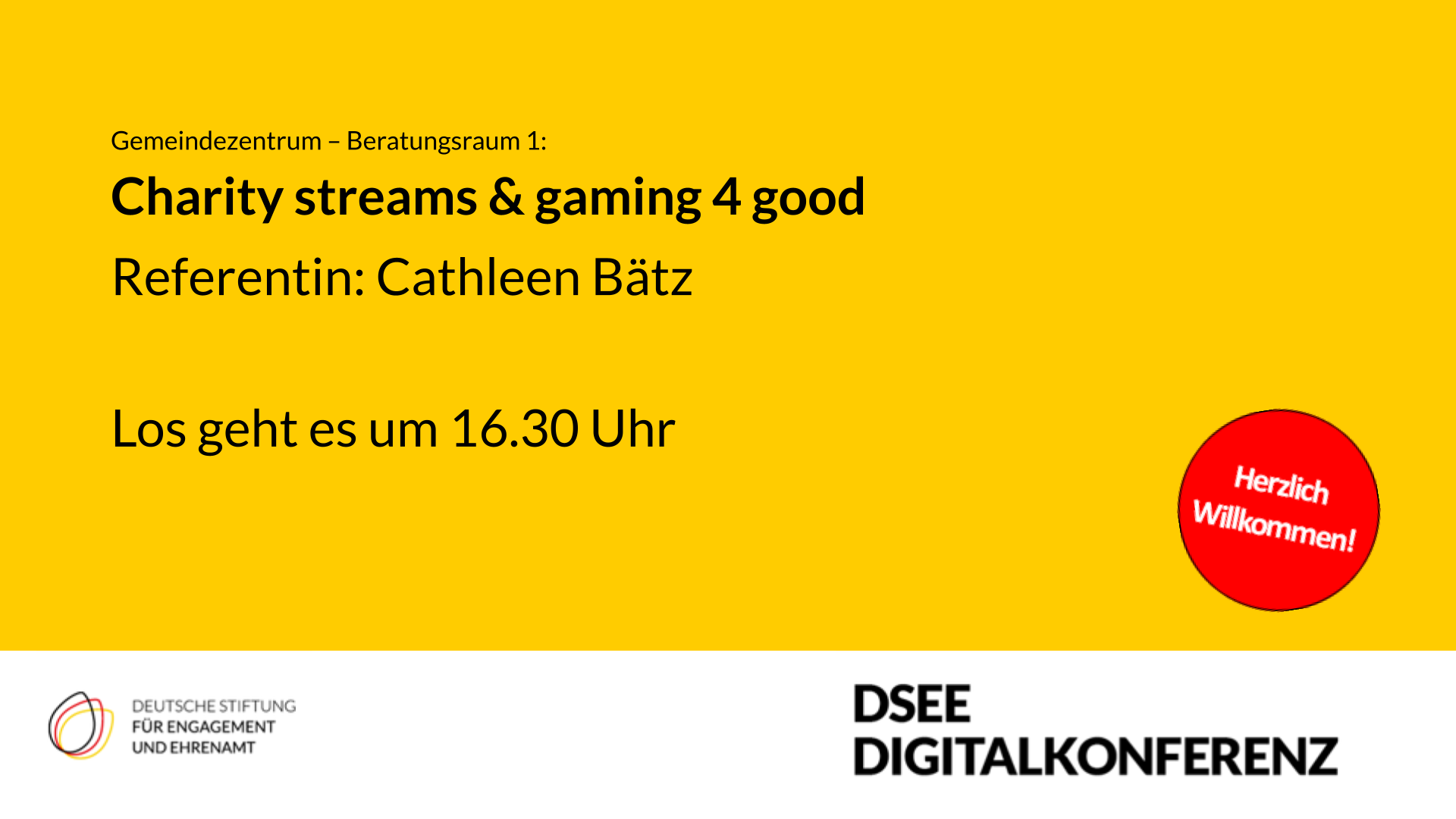 Grafik mit dem Text: Charity streams und gaming 4 good Referentin Cathleen Bätz