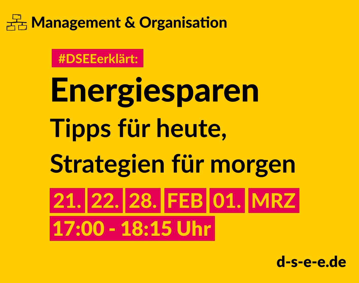 Management & Organisation #DSEEerklärt: Energiesparen. Tipps für heute, Strategien für morgen. 21., 22., 28. FEB, 01. MRZ 17:00-18:15 Uhr