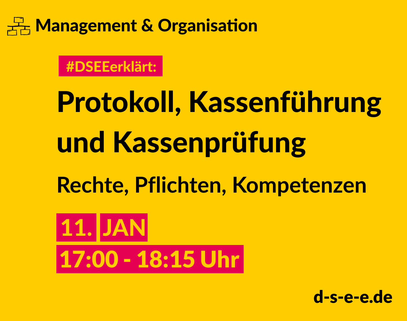 Management & Organisation. #DSEEerklärt: Protokoll, Kassenführung und Kassenprüfung. Rechte, Pflichten, Kompetenzen. 11. Januar. 17:00-18:15 Uhr