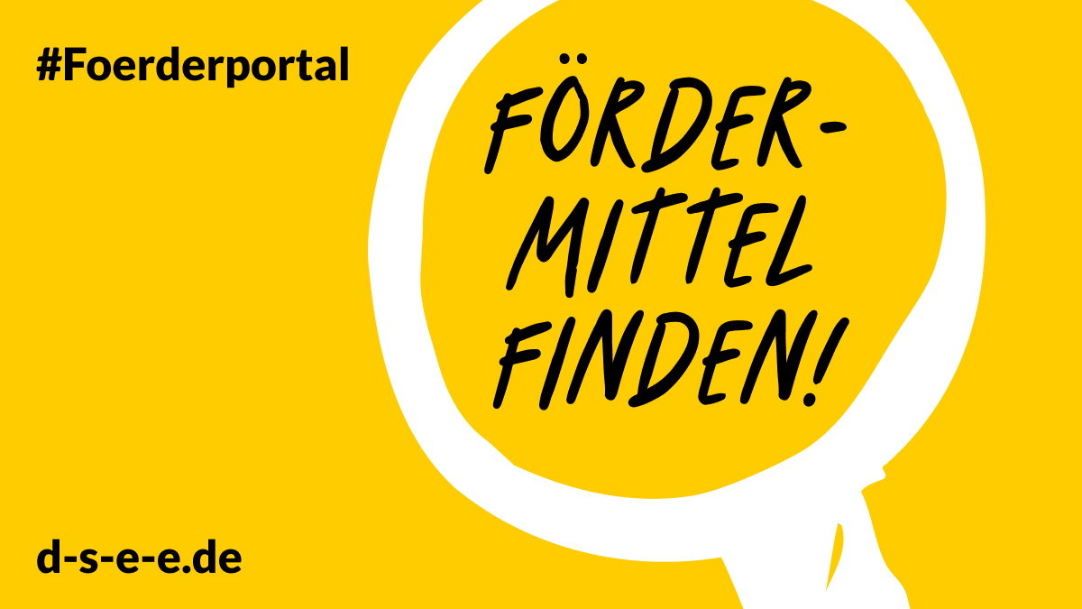 Grafik mit einer Lupe und dem Text: #Foerderportal. Fördermittel finden!. d-s-e-e.de