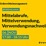 Fördermittelmanagement #DSEEinformiert: Mittelabrufe, Mittelverwendung, Verwendungsnachweise 6. November, 17:00-18:15 Uhr d-s-e-e.de