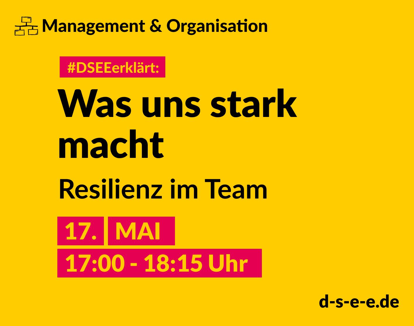 Management & Organisation; #DSEEerklärt: Was uns stark macht, macht uns besser – Resilienz im Team, 17. Mai, 17:00-18:15 Uhr