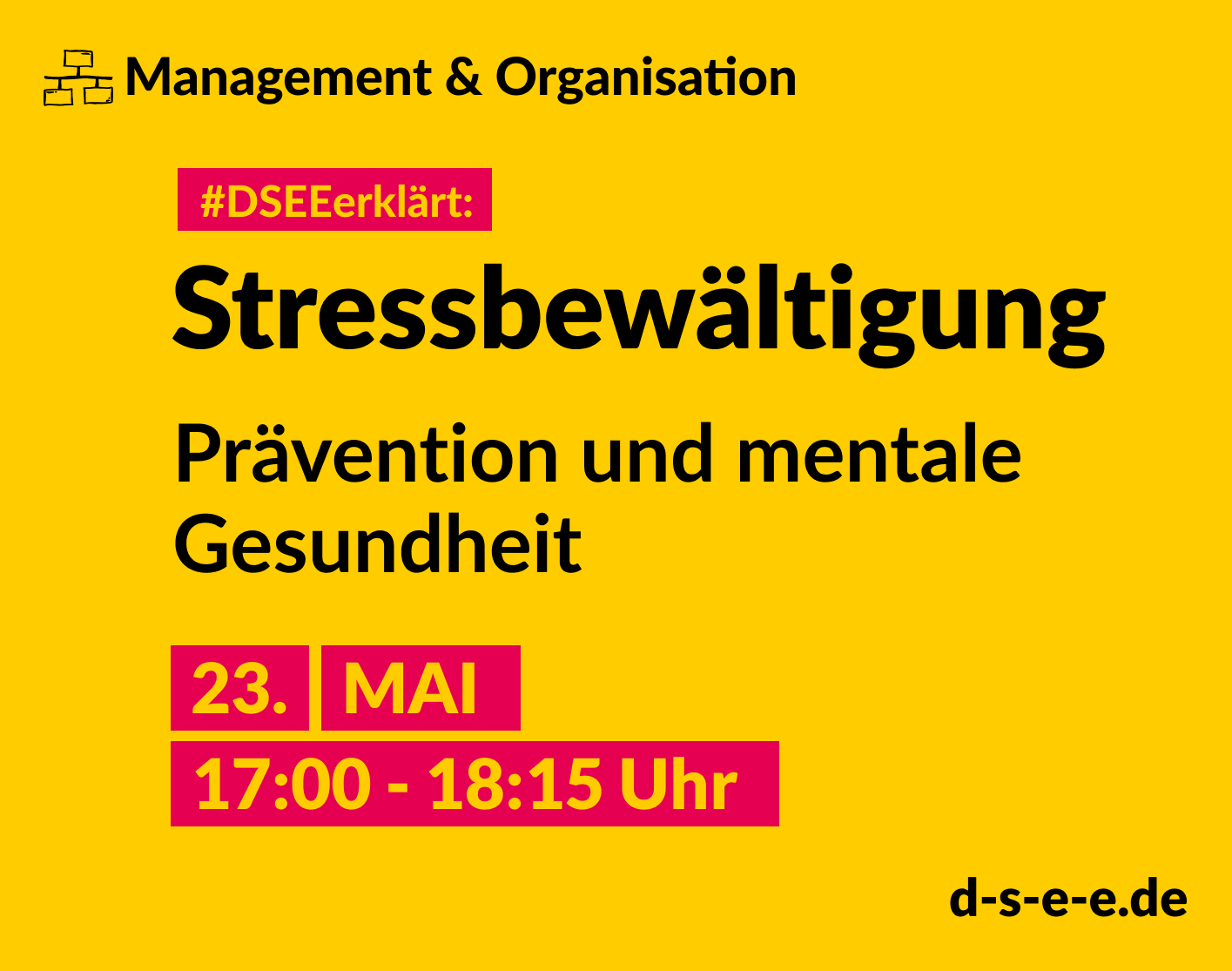 Management & Organisation; #DSEEerklärt: Stressbewältigung – Prävention und mentale Gesundheit, 23. Mai, 17:00-18:15 Uhr